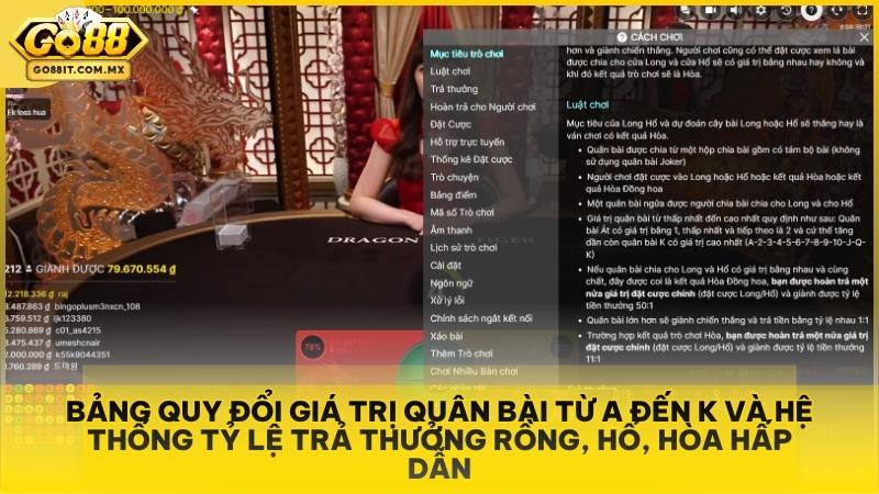 DragonTiger Live Go88 - Hướng Dẫn Cách Chơi Rồng Hổ Trực Tiếp Chi Tiết 2 Bảng quy đổi giá trị quân bài từ A đến K và hệ thống tỷ lệ trả thưởng Rồng, Hổ, Hòa hấp dẫn.