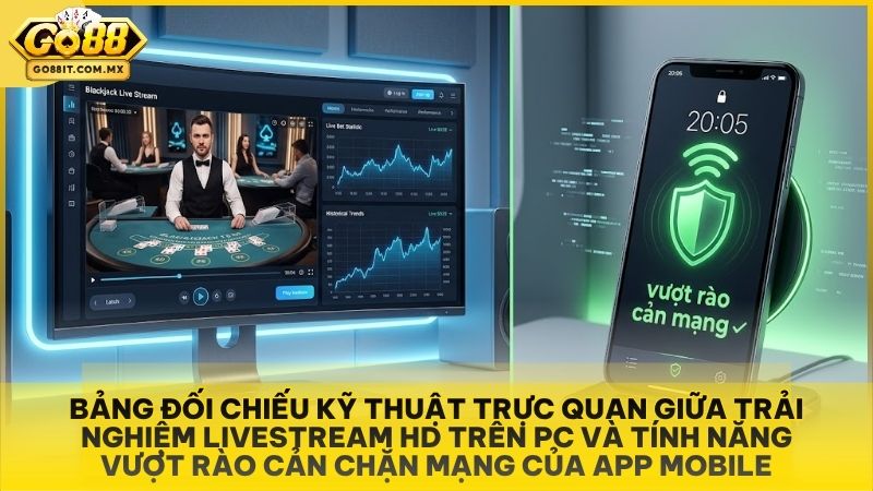 Bảng đối chiếu kỹ thuật trực quan giữa trải nghiệm livestream HD trên PC và tính năng vượt rào cản chặn mạng của App Mobile.
