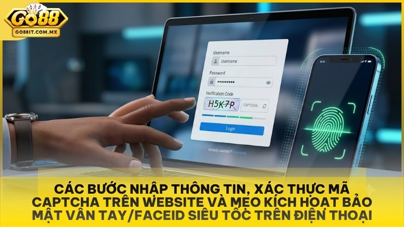 Các bước nhập thông tin, xác thực mã Captcha trên Website và mẹo kích hoạt bảo mật vân tay/FaceID siêu tốc trên điện thoại.