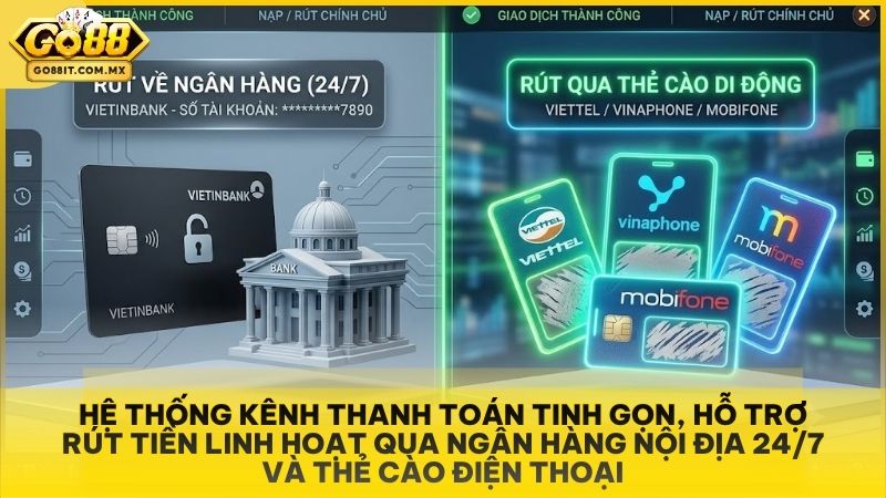 Cách Rút Tiền Go88 - Hướng Dẫn Quy Trình Rút Tiền Nhanh Trong 2 Phút 2 Hệ thống kênh thanh toán tinh gọn, hỗ trợ rút tiền linh hoạt qua Ngân hàng nội địa 24/7 và Thẻ cào điện thoại