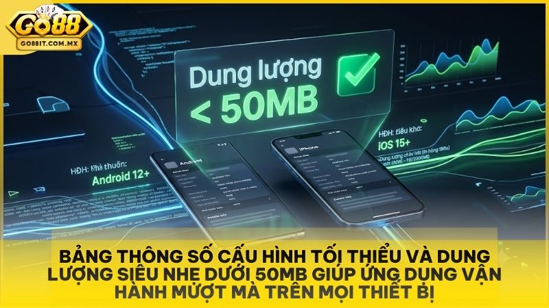 Bảng thông số cấu hình tối thiểu và dung lượng siêu nhẹ dưới 50MB giúp ứng dụng vận hành mượt mà trên mọi thiết bị.