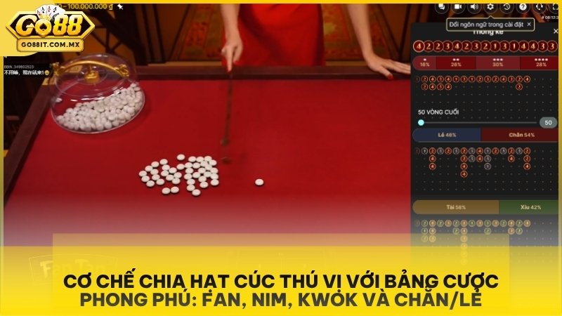 Cơ chế chia hạt cúc thú vị với bảng cược phong phú: Fan, Nim, Kwok và Chẵn/Lẻ.