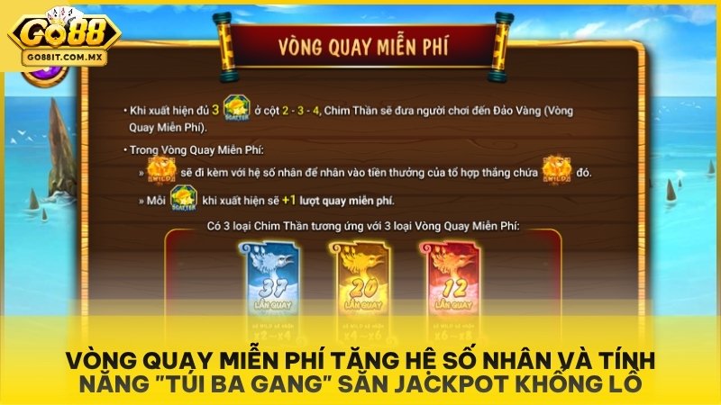 Game Nổ Hũ Ăn Khế Trả Vàng Go88 - Săn Jackpot Đỉnh Cao Mỗi Ngày 3 Vòng quay miễn phí tăng hệ số nhân và tính năng "Túi Ba Gang" săn Jackpot khổng lồ.