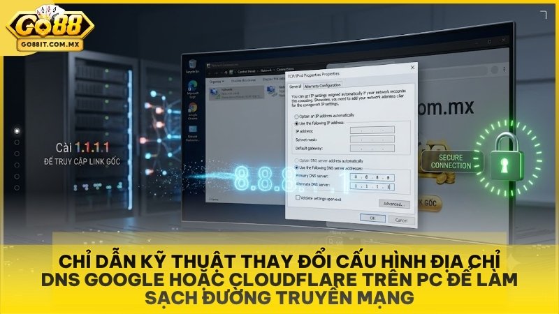 Chỉ dẫn kỹ thuật thay đổi cấu hình địa chỉ DNS Google hoặc Cloudflare trên PC để làm sạch đường truyền mạng.