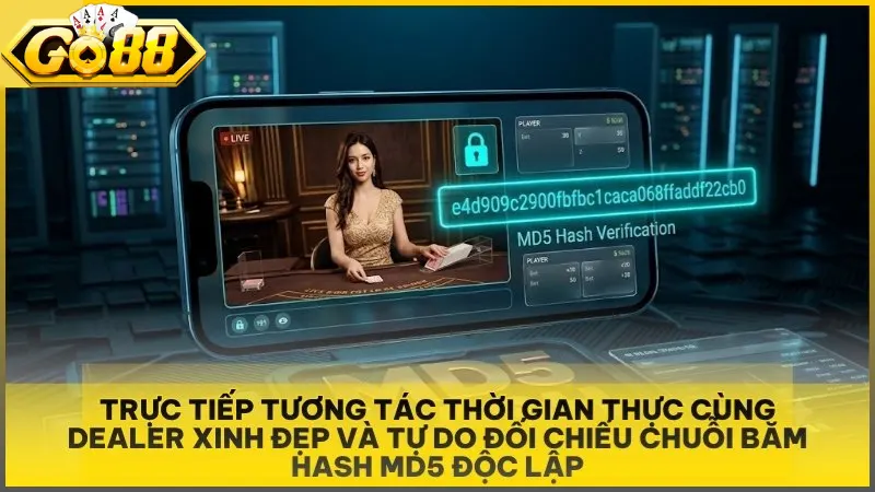 Trực tiếp tương tác thời gian thực cùng Dealer xinh đẹp và tự do đối chiếu chuỗi băm Hash MD5 độc lập.