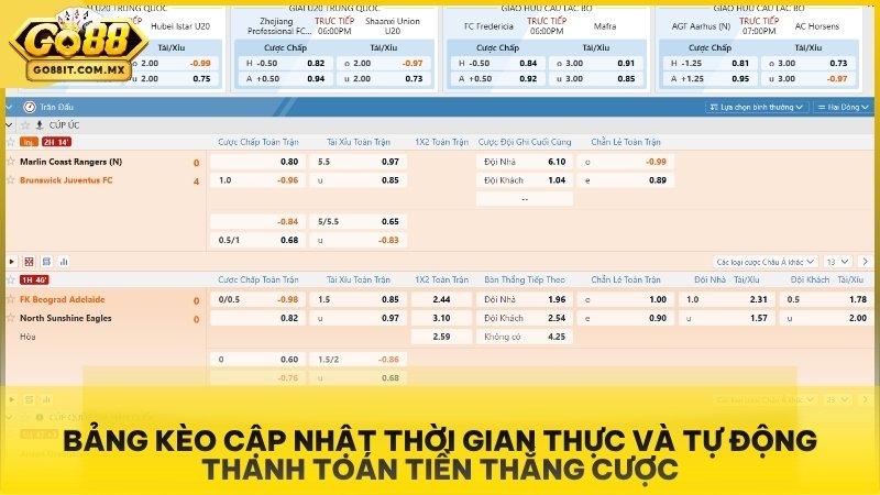 Bảng kèo cập nhật thời gian thực và tự động thanh toán tiền thắng cược.