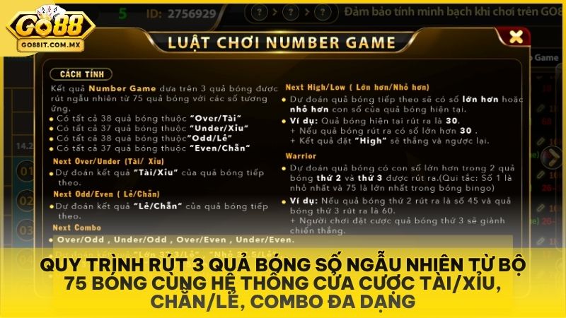 Quy trình rút 3 quả bóng số ngẫu nhiên từ bộ 75 bóng cùng hệ thống cửa cược Tài/Xỉu, Chẵn/Lẻ, Combo đa dạng