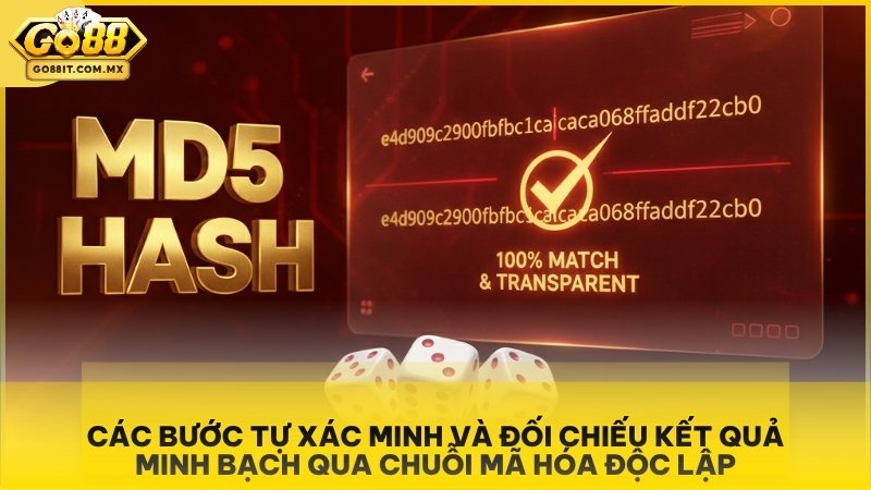 Tài Xỉu MD5 Go88 - Hướng Dẫn Cách Chơi Và Quy Trình Xác Minh Xanh Chín 2 Các bước tự tay đối chiếu chuỗi Hash để xác minh kết quả minh bạch tuyệt đối.